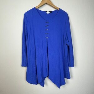 Yushi Women's Royal Blue‎ Textured Long Sleeve Tunic Top XL Coastal Grandmacore